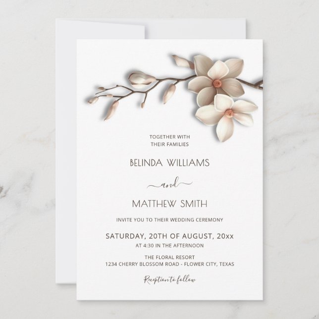  Elegant 3D Magnolia Flower Wedding Invitation (Front)