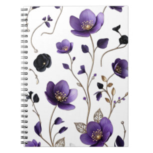 Elegant 3D Purple & Gold Floral Botanical Pattern Notebook
