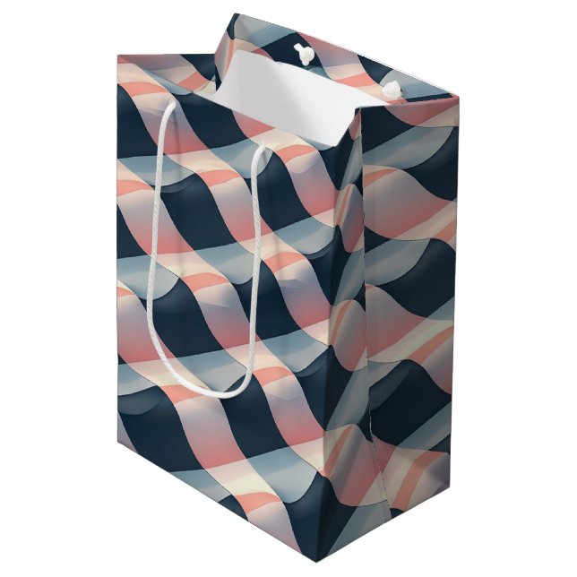 Elegant 3D Wave Pattern in Teal, Rose, and Cream Medium Gift Bag (Front Angled)