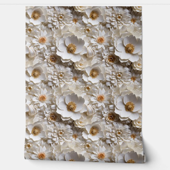 Elegant 3d white and gold flowers spring floral wallpaper (Unrolling)