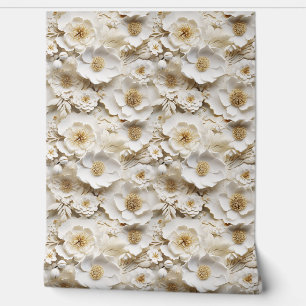 Elegant 3d white and gold flowers spring floral wallpaper