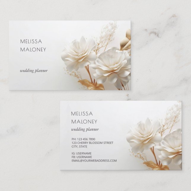 Elegant 3D White Gold Roses Business Card (Front/Back)