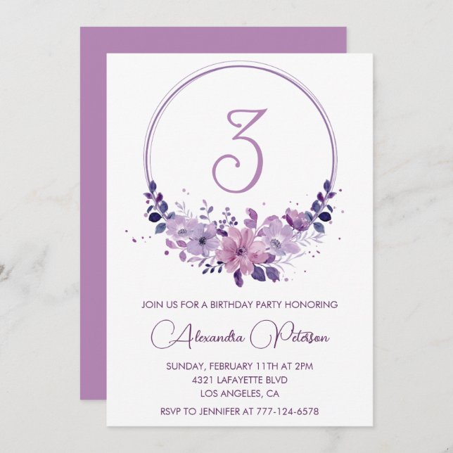 Elegant 3rd birthday invitations Floral Purple (Front/Back)