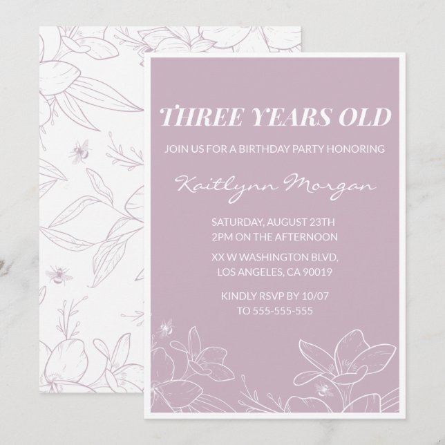 Elegant 3rd birthday invitations Modern Floral (Front/Back)