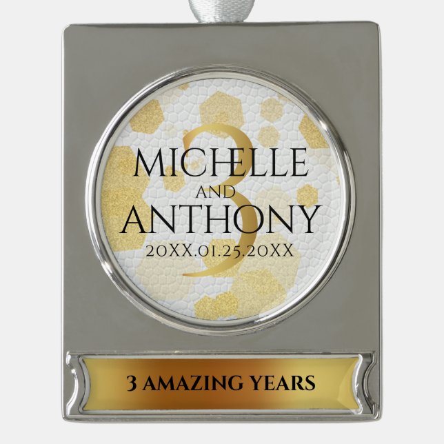 Elegant 3rd Leather Wedding Anniversary Silver Plated Banner Ornament (Front)