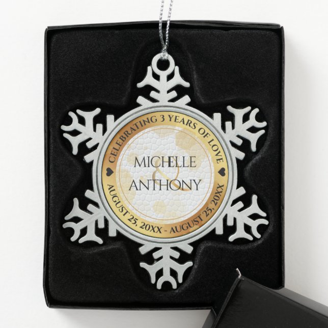 Elegant 3rd Leather Wedding Anniversary Snowflake Pewter Christmas Ornament (Box)