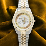 Elegant 3rd Leather Wedding Anniversary Watch<br><div class="desc">Celebrate their 3rd leather wedding anniversary with this commemorative pocket watch! Elegant black lettering with gold-dusted hexagonal confetti on a luxurious white leather background bordered by gold foil add a memorable touch for this special occasion and milestone. Customise with couple's names, anniversary date, and up to 2 lines of messaging....</div>