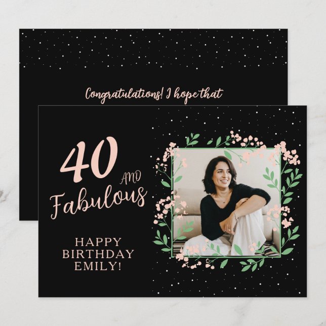 Elegant 40 and Fabulous Flower 40th Birthday Photo Card (Front/Back)