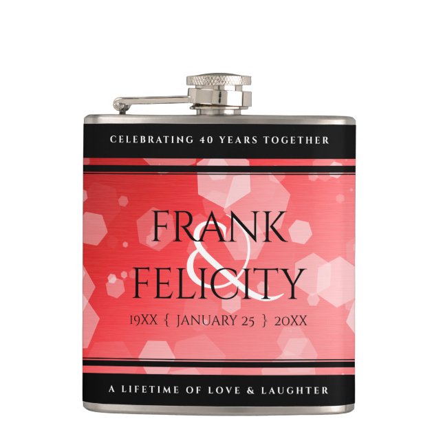 Elegant 40th 80th Ruby Wedding Anniversary Hip Flask (Front)
