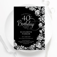 Elegant 40th Birthday Black Silver Roses