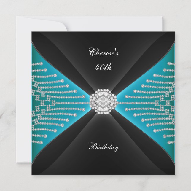 Elegant 40th Birthday Black Teal Blue Diamond Invitation (Front)