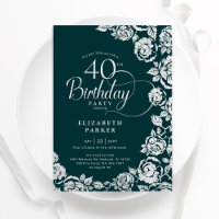 Elegant 40th Birthday Emerald Green Silver Roses