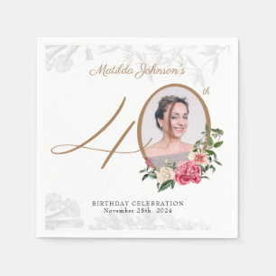 Elegant 40th Birthday Floral Gold Custom Photo Napkin