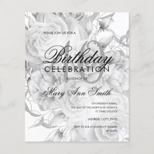 Elegant 40th Birthday Floral Silver White Invite
