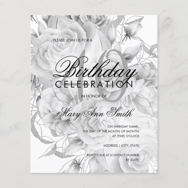 Elegant 40th Birthday Floral Silver White Invite Flyer (Front)