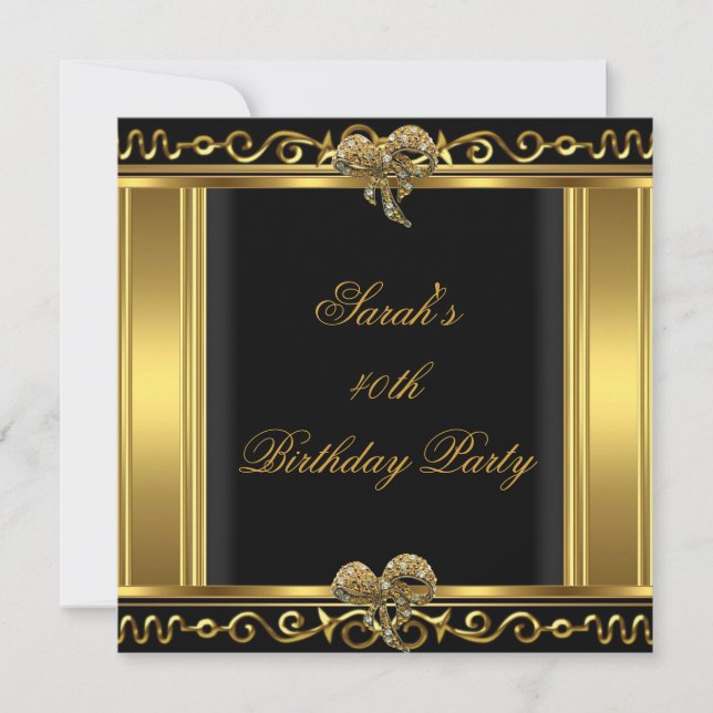 Elegant 40th Birthday Gold Black Jewel Bow Invitation (Front)