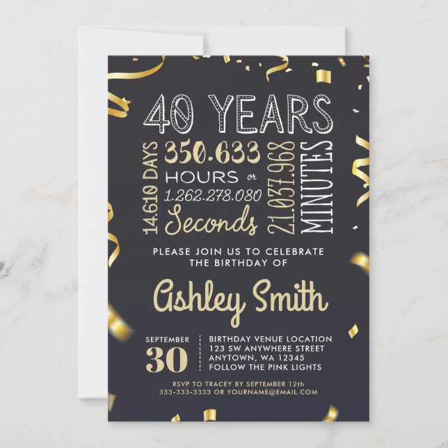 Elegant 40th Birthday Invitation Gold Glitter (Front)