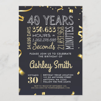 Elegant 40th Birthday Invitation Gold Glitter