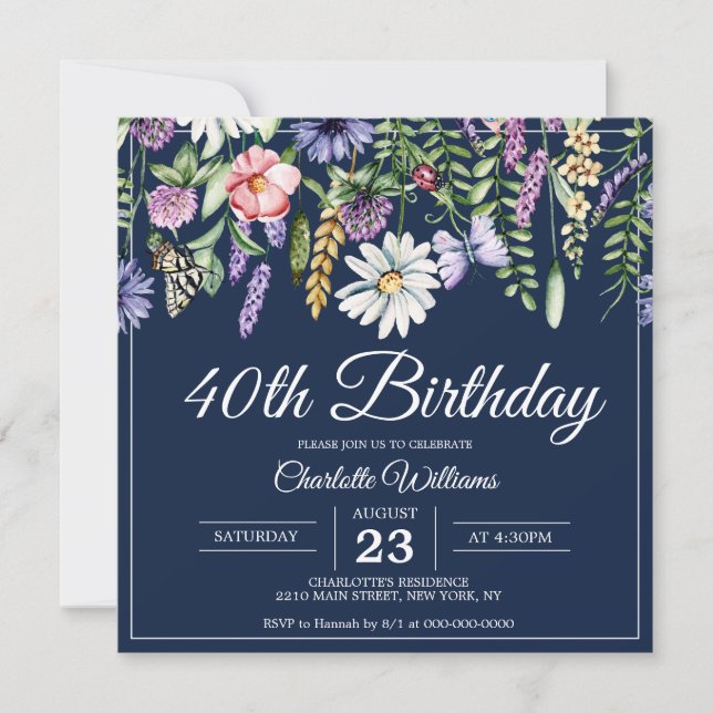 Elegant 40th Birthday Navy Blue Wildflowers Invitation (Front)