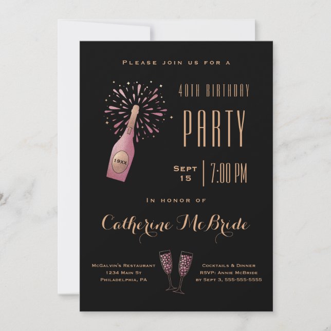 Elegant 40th Birthday Party Black Gold Champagne Invitation (Front)