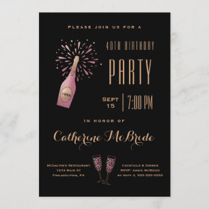 Elegant 40th Birthday Party Black Gold Champagne Invitation