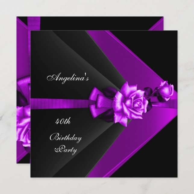 Elegant 40th Birthday Party Black Purple Rose Invitation (Front/Back)