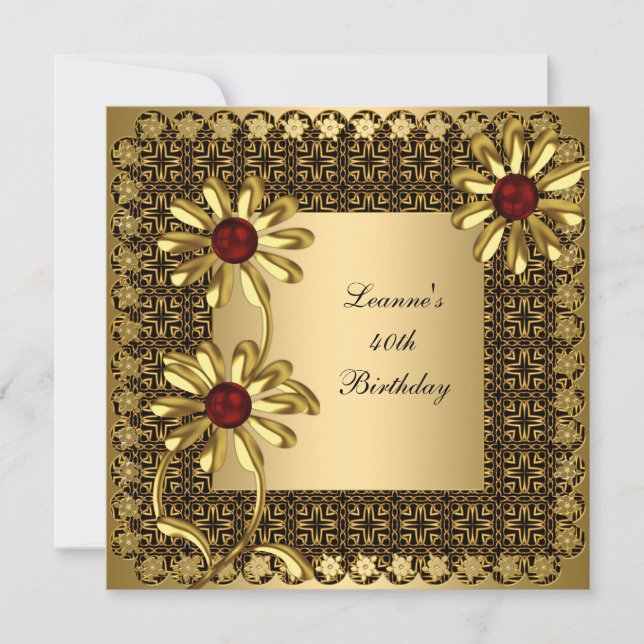 Elegant 40th Birthday Party Exotic Gold Floral Invitation (Front)