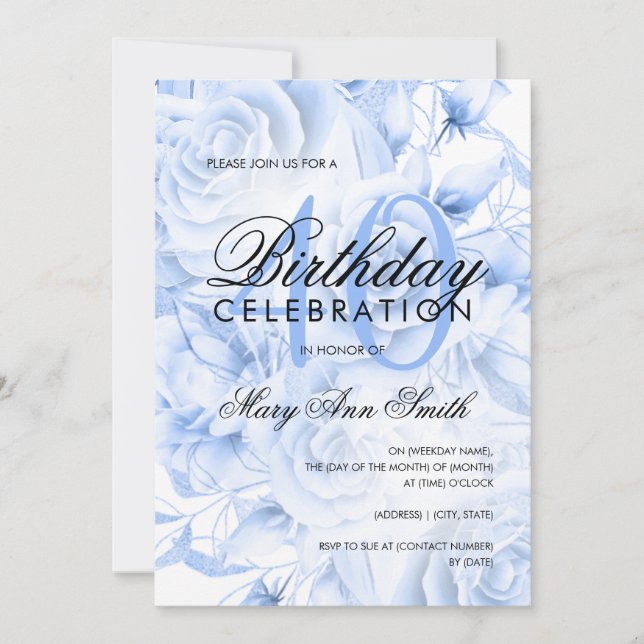 Elegant 40th Birthday Party Floral Navy Blue  Invitation (Front)