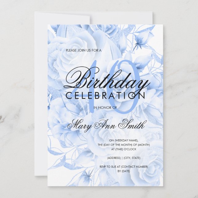 Elegant 40th Birthday Party Floral Navy Blue  Invitation (Front)