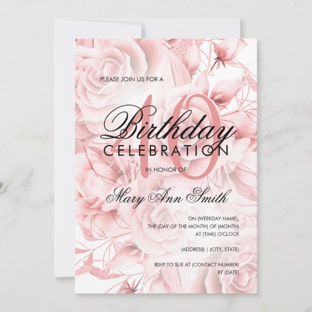 Elegant 40th Birthday Party Floral Rose Gold  Invitation (Front)