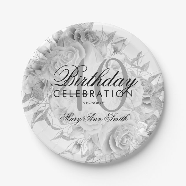 Elegant 40th Birthday Party Floral Silver White Paper Plate (Front)