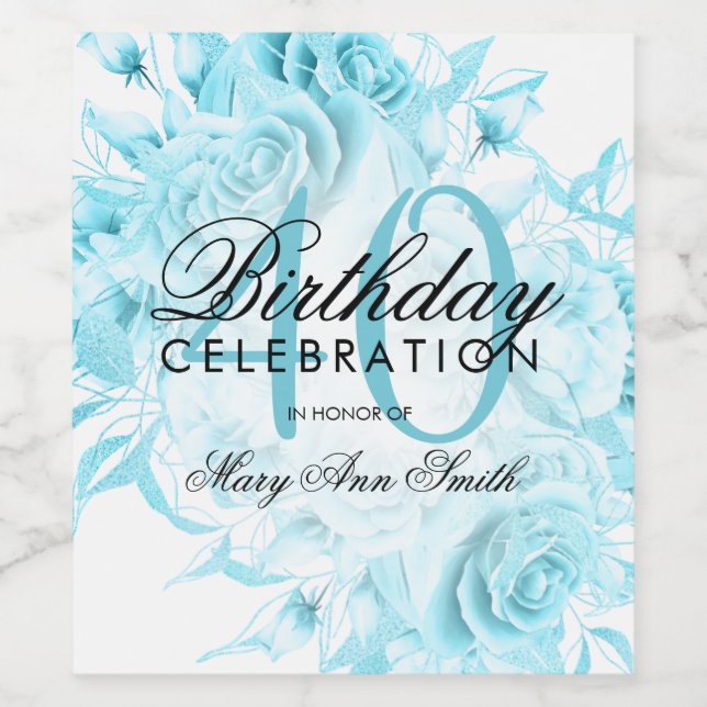 Elegant 40th Birthday Party Floral Teal  Wine Label (Single Label)