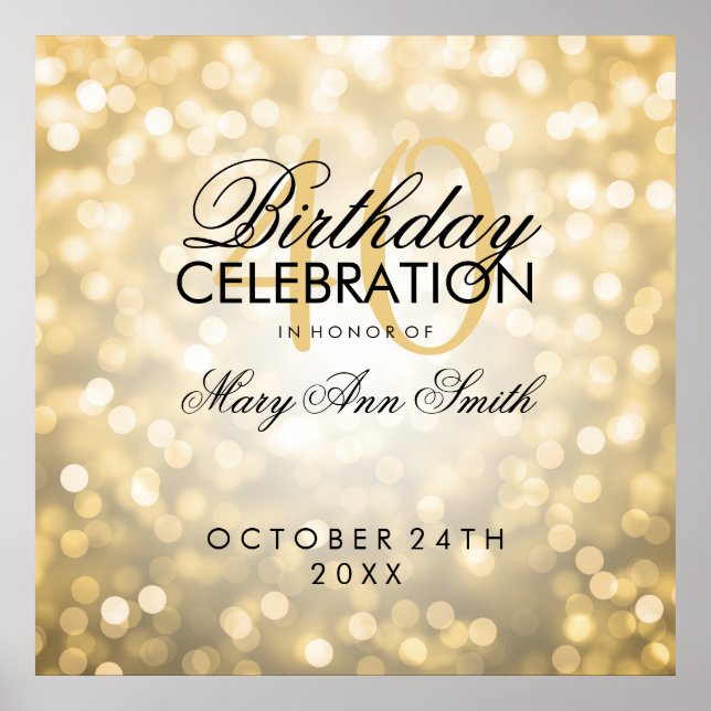 Elegant 40th Birthday Party Glitter Lights Gold Poster (Front)