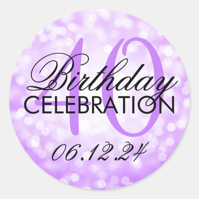 Elegant 40th Birthday Party Purple Glitter Lights Classic Round Sticker (Front)