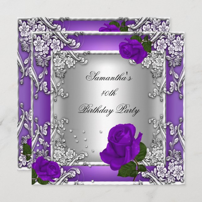 Elegant 40th Birthday Party Purple Rose Silver Invitation (Front/Back)