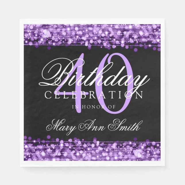 Elegant 40th Birthday Party Sparkles Purple Napkin (Front)