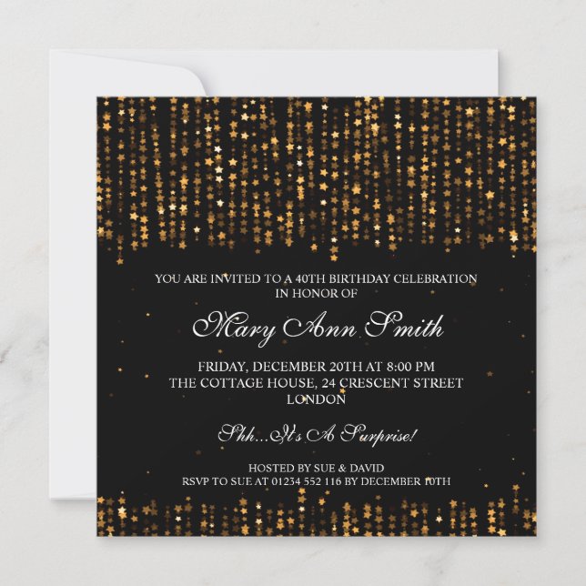 Elegant 40th Birthday Party Star Confetti Gold Invitation (Front)