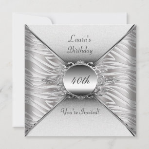 Elegant 40th Birthday Party White Silver Invitation