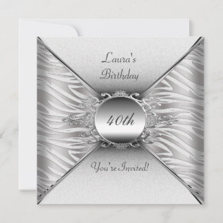 Elegant 40th Birthday Party White Silver Invitation