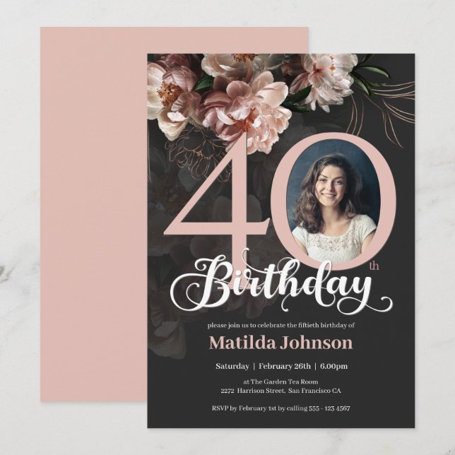 Elegant 40th Birthday Pink Lush Floral Moody Photo Invitation (Front/Back)