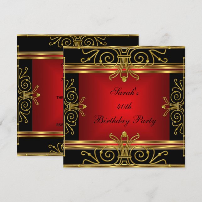 Elegant 40th Birthday Red Black Gold Art Deco 2 Invitation (Front/Back)