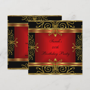 Elegant 40th Birthday Red Black Gold Art Deco 2 Invitation
