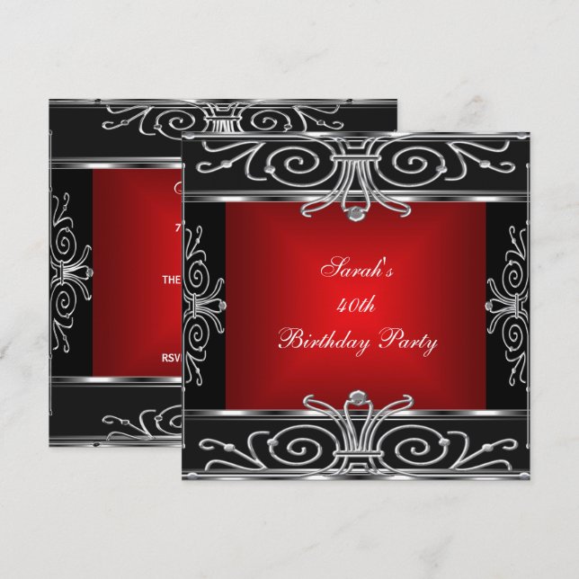 Elegant 40th Birthday Red Black Silver Art Deco Invitation (Front/Back)