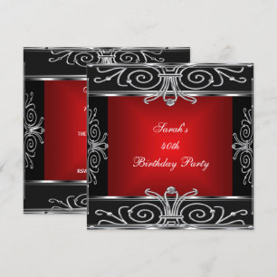 Elegant 40th Birthday Red Black Silver Art Deco Invitation