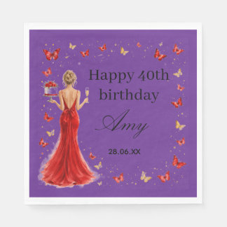 Elegant 40th Birthday red dress butterflies purple Napkin