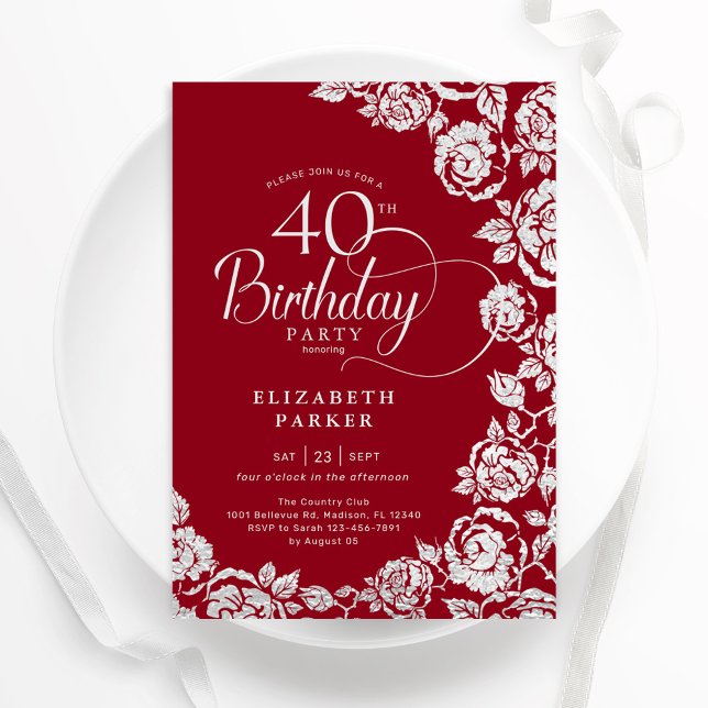 Elegant 40th Birthday Red Silver Roses Invitation (Creator Uploaded)