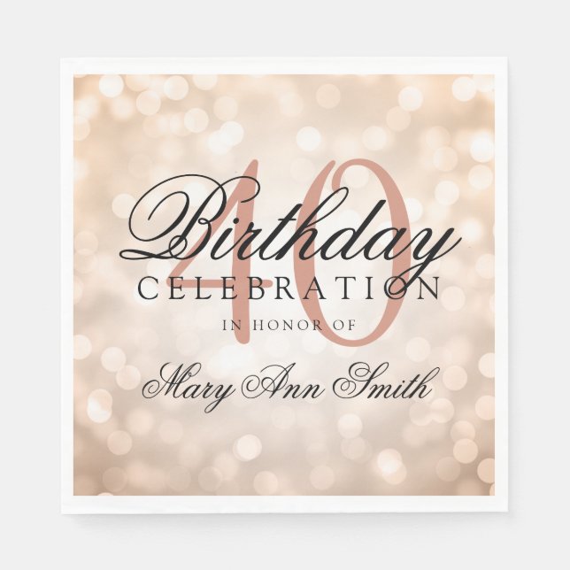 Elegant 40th Birthday Rose Gold Glitter Lights Napkin (Front)
