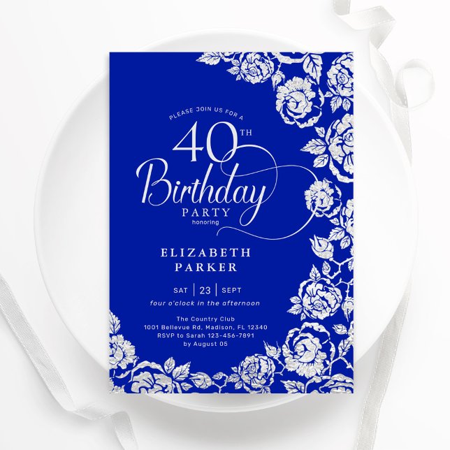 Elegant 40th Birthday Royal Blue Silver Roses Invitation (Creator Uploaded)
