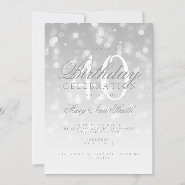 Elegant 40th Birthday Silver Bokeh Sparkle Lights Invitation (Front)