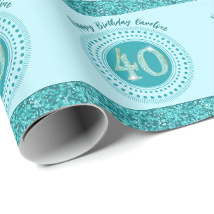 Elegant 40th Birthday Teal Blue Glitter & Stripes Wrapping Paper